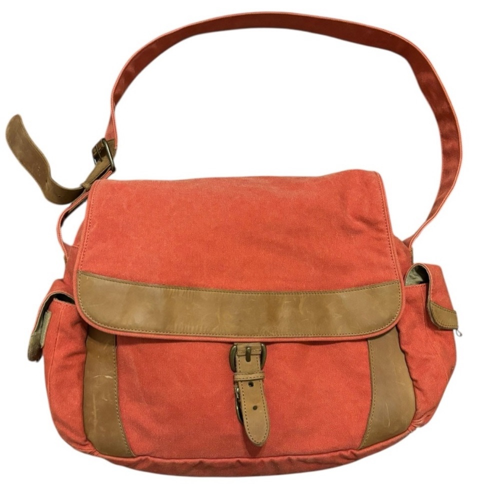 Vintage L.L. Bean Canvas Messenger Bag/ Satchel/Leather Trim/Salmon Red - Picture 2 of 16